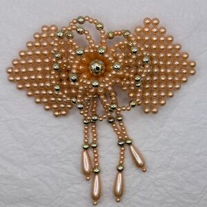 Vtg 80s Hair Bow Tie Clip Beaded Faux Pearl Dangle PEACH & GOLD Barrette Wedding